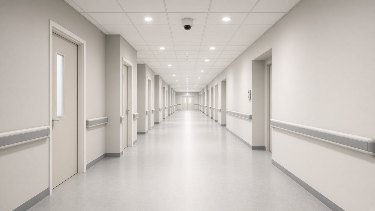 Modern lobby with access reader and ceiling camera