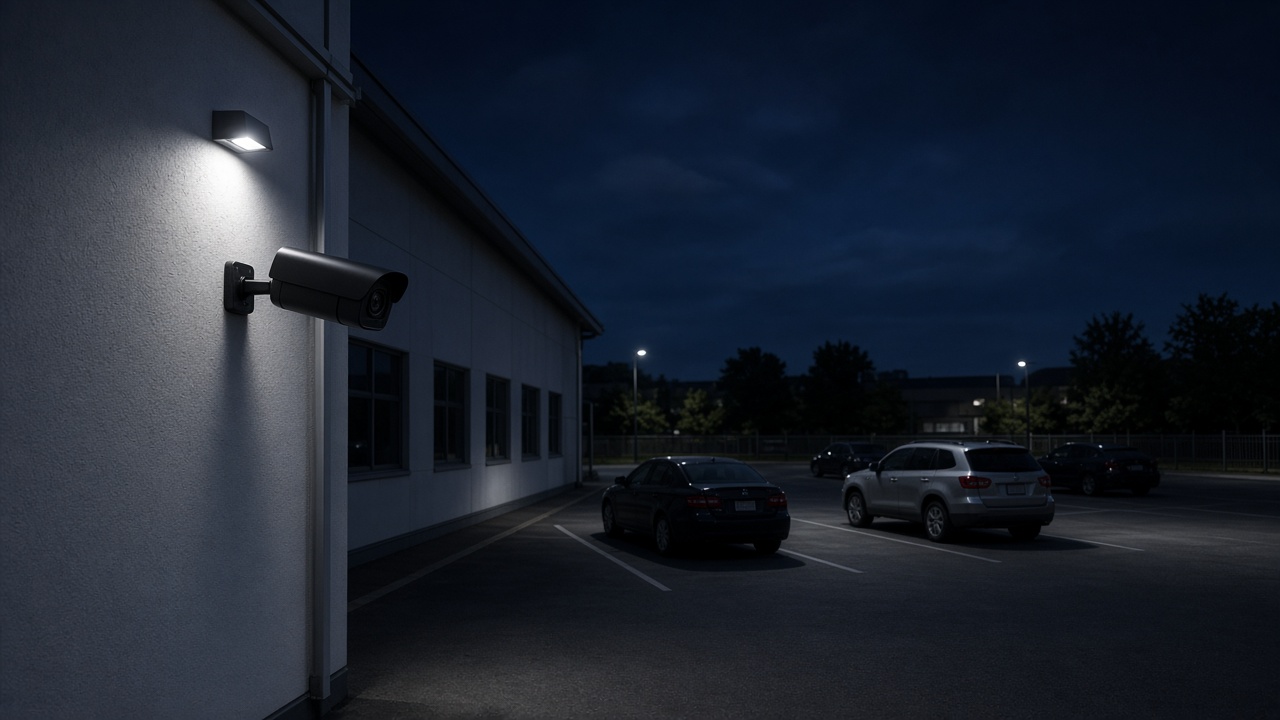 Night parking lot watched by a wall-mounted camera