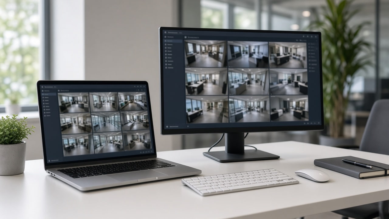 Laptop on a desk showing a multi-camera monitoring interface