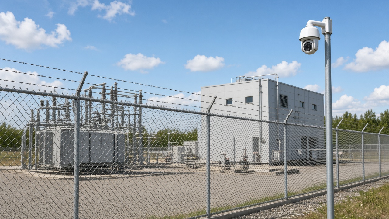 Utility facility perimeter with camera on a pole